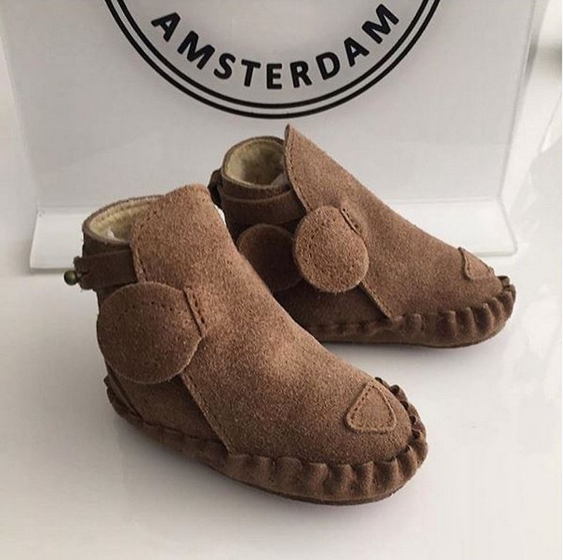Dutch Donsje leather inner bristle animal styling boots baby shoes children's shoes coffee bear 517-KL005 - รองเท้าเด็ก - หนังแท้ สีนำ้ตาล