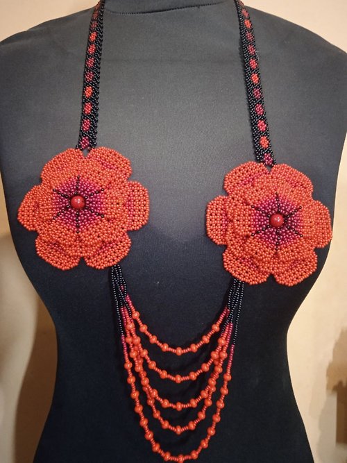 White Bird gallery of exquisite jewelry from Halyna Nalyvaiko Huichol necklace Long seed bead necklace Beadwork necklace with blue roses Red f