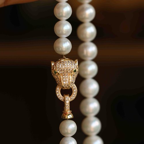 Angel's tears 天使之淚 Jewelry Design 9mm天然原色淡水珍珠 14k注金微鑲豹子頭項鍊扣設計多圈手串項鍊s