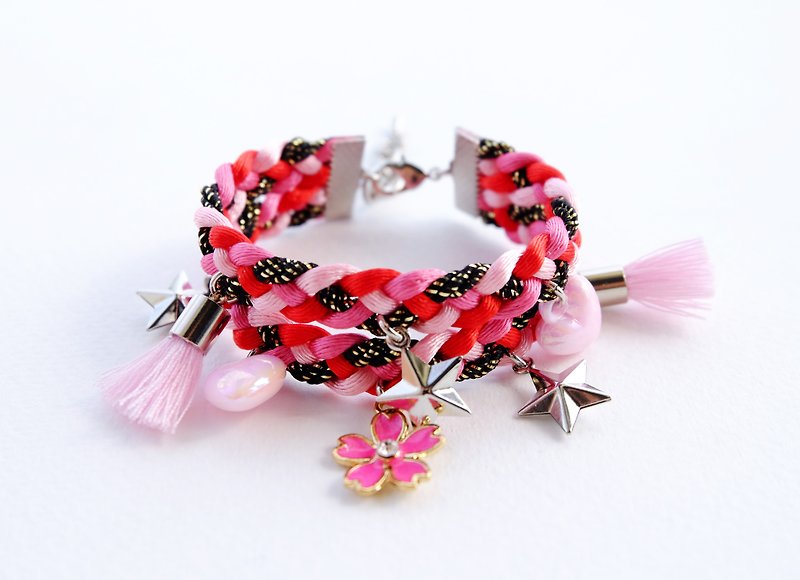 Pink double-layered bracelet with flower , star and heart charms - 手鍊/手鐲 - 其他材質 粉紅色