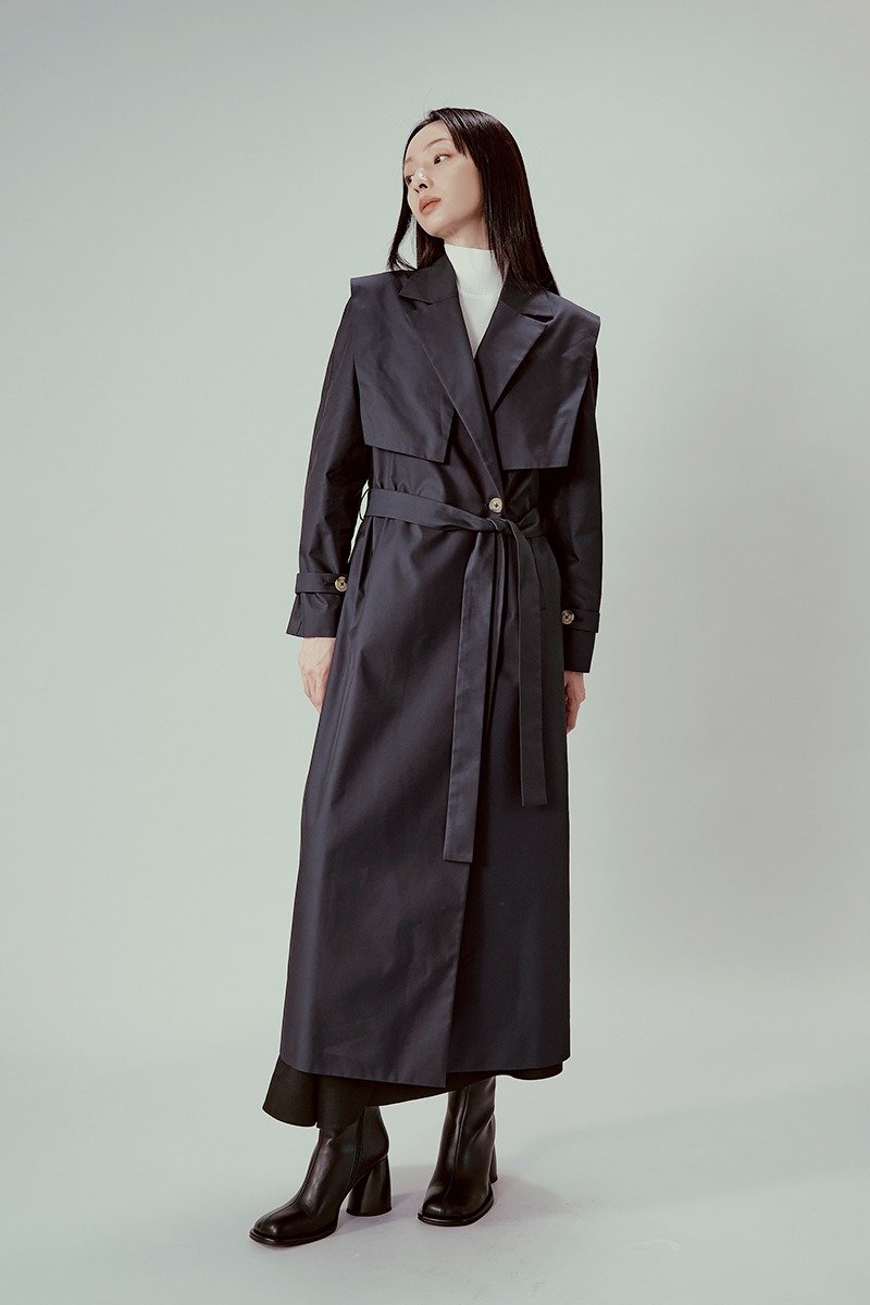 Deep blue trench coat - เสื้อแจ็คเก็ต - ผ้าฝ้าย/ผ้าลินิน สีเทา