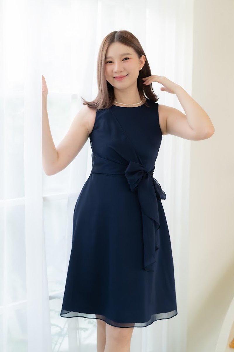 Kamila- navy blue dress timeless chiffon bridesmaids summer prom bow dress ドレス - 洋裝/連身裙 - 聚酯纖維 藍色