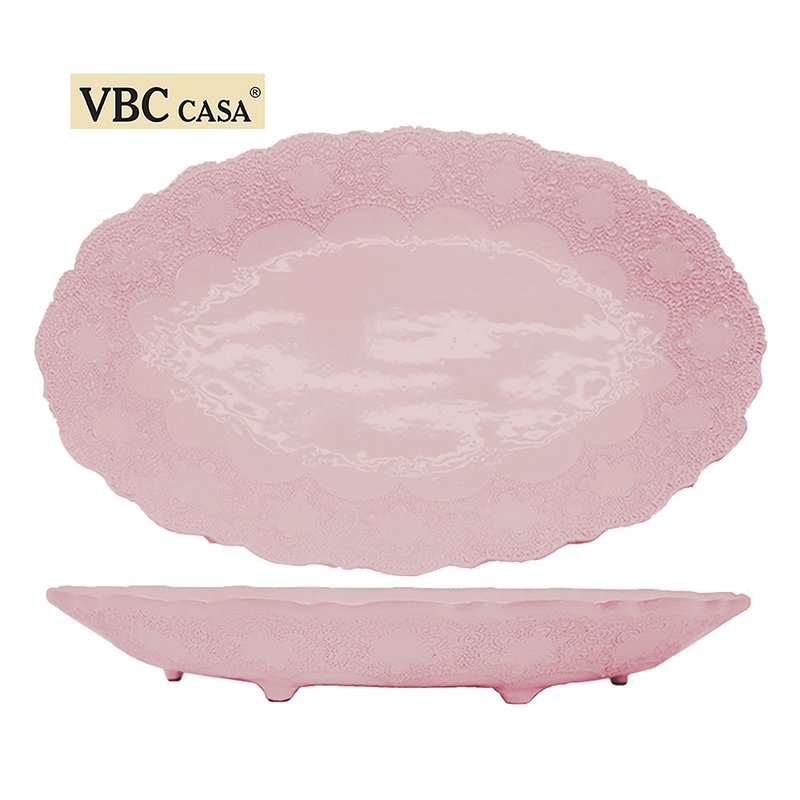 義大利VBC casa-手工浮雕蕾絲系列48cm橢圓有腳水果盤(粉紅色) - 盤子/餐盤/盤架 - 陶 粉紅色