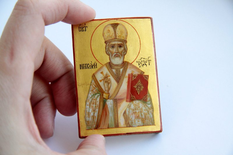 hand painted orthodox wood icon holy Saint Nicholas pocket size miniature - Other - Wood Gold