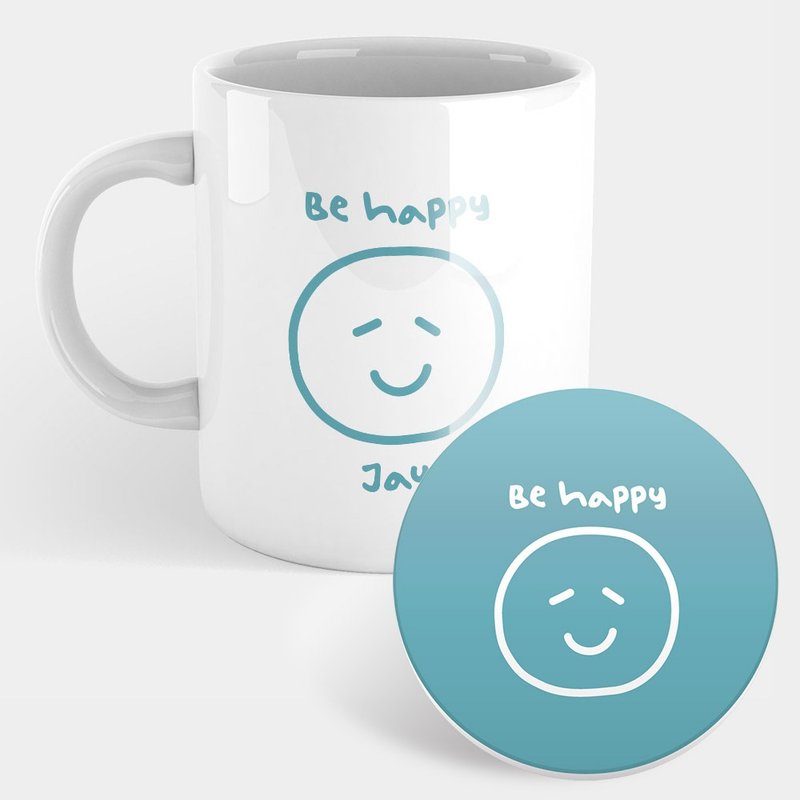 客製化文字 Smile Happy 馬克杯 杯墊 PU031 - 咖啡杯/馬克杯 - 瓷 藍色