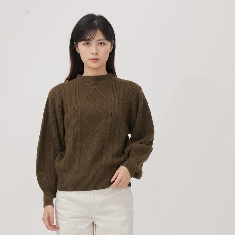 Other Man-Made Fibers Women's Sweaters Green - Nora Cable Puff-Sleeve Pullover Sweater / Olive Green
