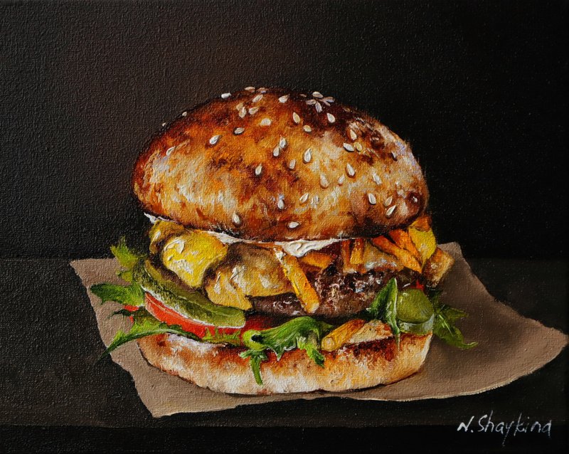 Original Oil Painting Burger Wall Art, Fast Food Fine Art, Realistic Burger King - ตกแต่งผนัง - วัสดุอื่นๆ หลากหลายสี