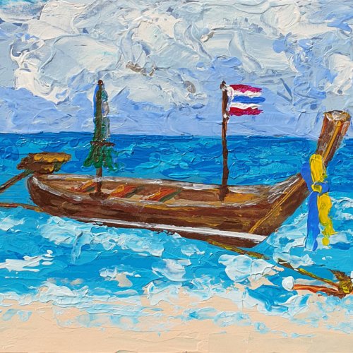 marina-fisher-art Boat Painting Sailboats Original Artwork Longtail Boats Tropical Seascape Beach