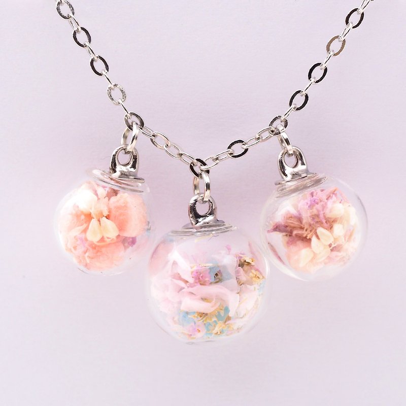 「OMYWAY」Handmade three Dried Flower Necklace - Glass Globe Necklace - Chokers - Glass Pink