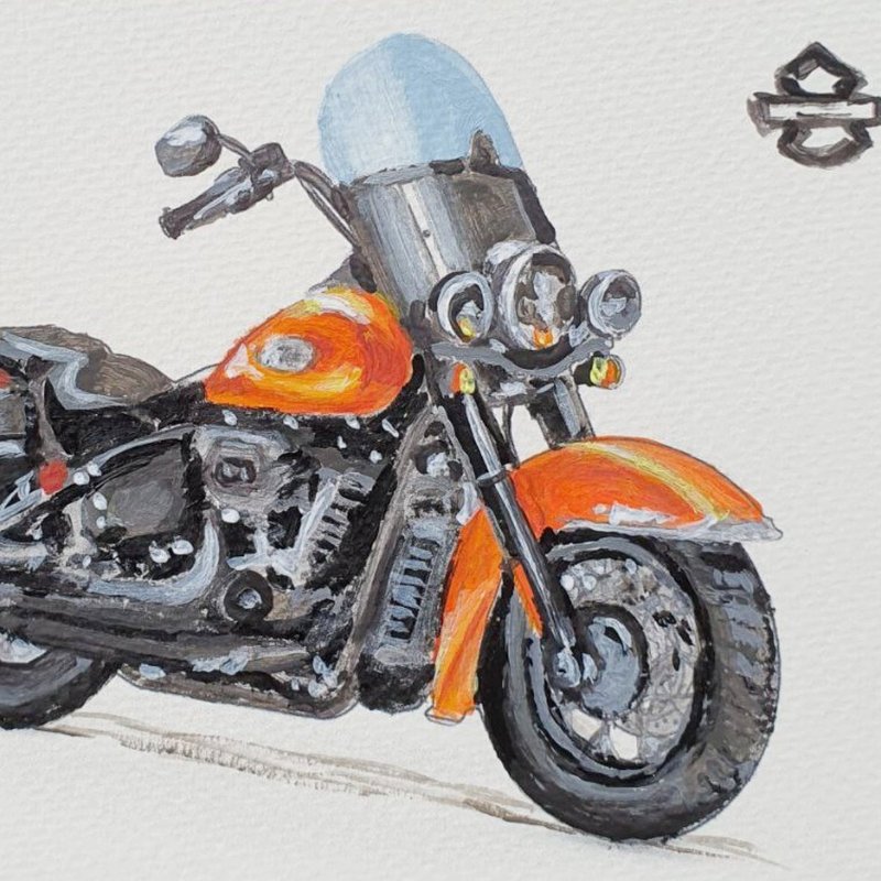 Harley Davidson Postcard Original Art Motorbike 2023 Heritage Classic Painting - 海報/掛畫/掛布 - 其他材質 橘色