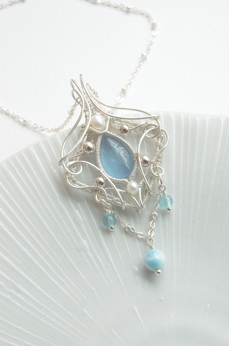 【summer. Note】-Metal thread braiding-Aquamarine Paula Rima necklace - Necklaces - Other Metals White