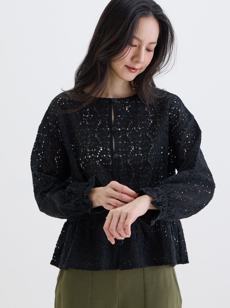 花影十分蕾絲罩衫上衣-石黑 - 女襯衫 - 棉．麻 黑色