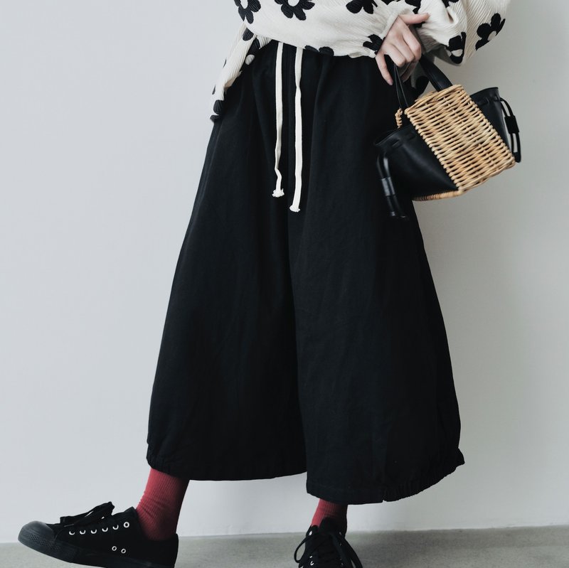 Black pure cotton versatile wide-leg pants/wide pants with drawstring - กางเกงขายาว - ผ้าฝ้าย/ผ้าลินิน สีดำ