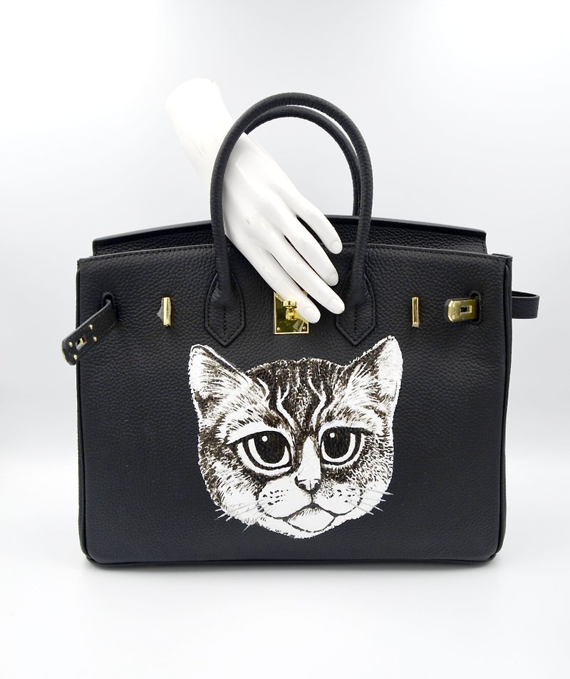 GOOKASO black leather cow leather hand-painted cat bag handbag 35cm Birkin shoulder handbag - Handbags & Totes - Genuine Leather Black