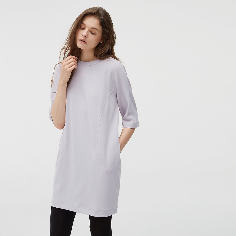 Breathable Five-Sleeve Dress-Light Purple | Elastic Roman Cloth | - One Piece Dresses - Other Materials Gray