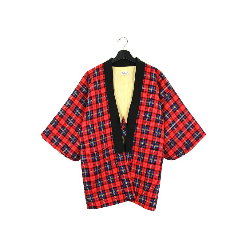Back to Green :: 袢 day Japan home cotton jacket shop cotton red and blue Plaid inside light yellow / unisex / vintage (BT-15) - เสื้อแจ็คเก็ต - ผ้าฝ้าย/ผ้าลินิน 