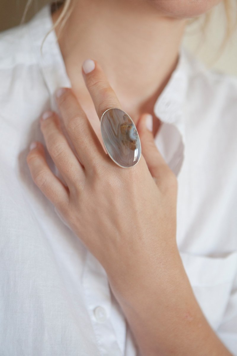 Agate ring, Gray stone ring, Oval stone ring, Gemstone ring, Big stone ring - 戒指 - 銅/黃銅 咖啡色