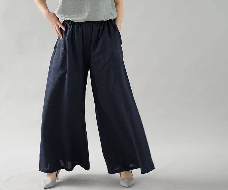wafu  linen wide pants / gaucho / long length / elastic waist / nevy b002g-kju1 - กางเกงขายาว - ผ้าฝ้าย/ผ้าลินิน สีน้ำเงิน
