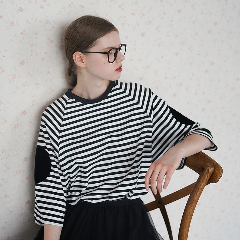 Seven-point wide-sleeved black and white striped coat - imakokoni - เสื้อผู้หญิง - ผ้าฝ้าย/ผ้าลินิน สีดำ