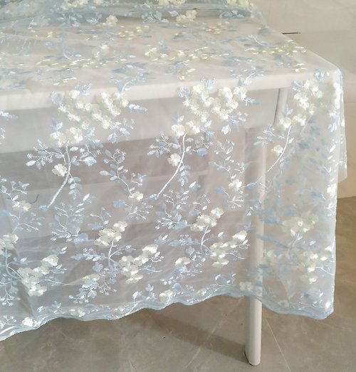 lemonccc 藍黃色刺繡花朵桌布婚禮桌布桌墊桌巾