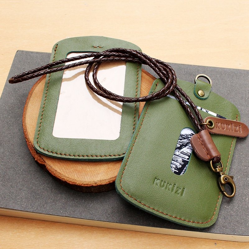 ID case / Key card case / Card case / Card holder - ID 1 -- Olive Green + Dark Brown Lanyard (Genuine Cow Leather) - ที่ใส่บัตรคล้องคอ - หนังแท้ 
