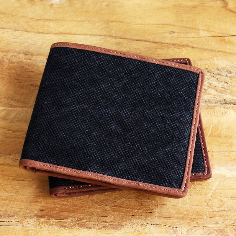 Leather Wallet - ฺBifold Canvas - สีดำ (Canvas & Cow Leather) 錢包 /皮包 /真皮 /短夾 - กระเป๋าสตางค์ - หนังแท้ สีดำ