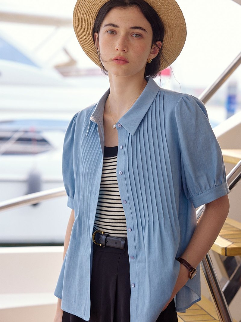 Ashlyn 全棉海軍風藍色短袖襯衫 - 女襯衫 - 棉．麻 藍色