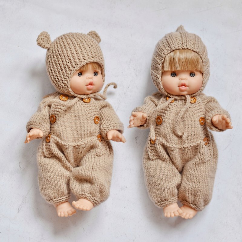 Knitted set for Paola Reina / Minikane,jumpsuit and hat,clothes for 13 inch doll - ของเล่นเด็ก - ขนแกะ สีกากี