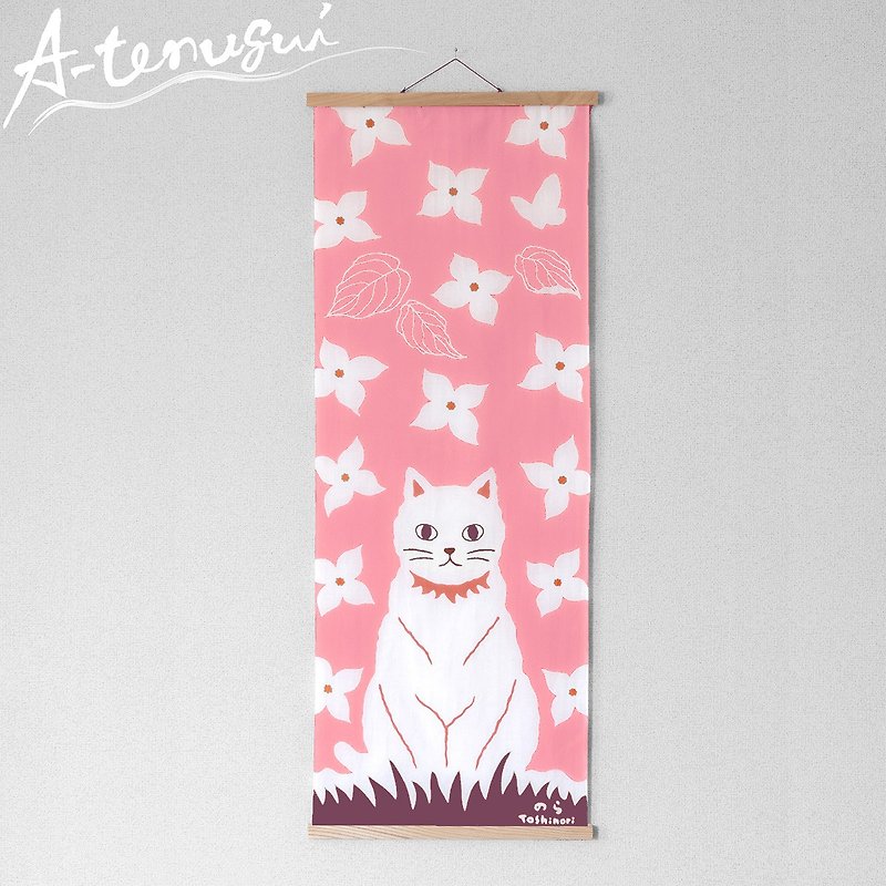 White cat Japanese towel /pink / A-tenugui - ผ้าขนหนู - ผ้าฝ้าย/ผ้าลินิน สึชมพู