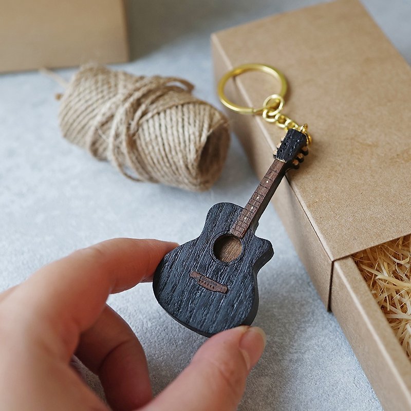 | Customized engraving + color selection | Simulated folk guitar pendant GA barrel rock black key ring gift - Charms - Wood Brown