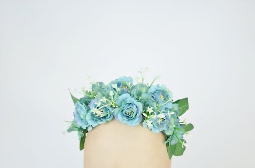 Elle Santos Headpiece Flower Halo Crown Blue & White with Silk Flower Roses and Foliage
