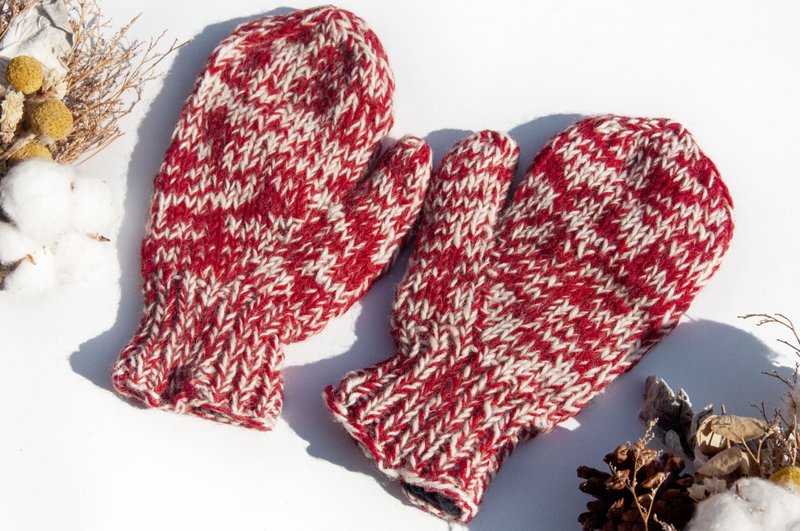 手編み純ウールニット手袋 ハンドメイド棒針かぎ針編み手袋 裏起毛手袋 保温手袋-紅白 - 手袋 - ウール レッド