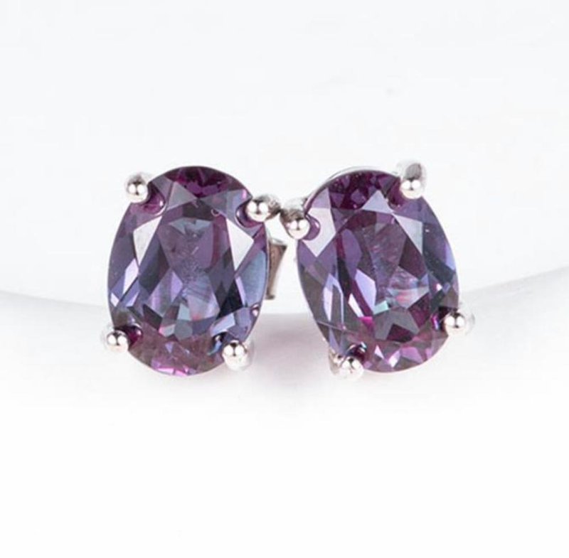 Alexandrite Studs, Color Changing Alexandrite Studs, Created Alexandrite - Earrings & Clip-ons - Sterling Silver 