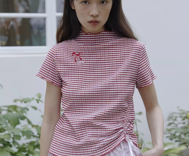 オッドメーカーチェック柄しわ耳裾半袖Tシャツレディース右肩
