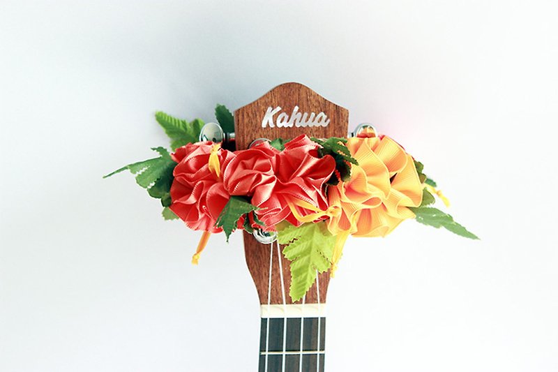 ribbon lei for ukulele (orange hibiscus) / ukulele strap / ukulele ribbon / - อุปกรณ์กีตาร์ - ผ้าฝ้าย/ผ้าลินิน สีส้ม
