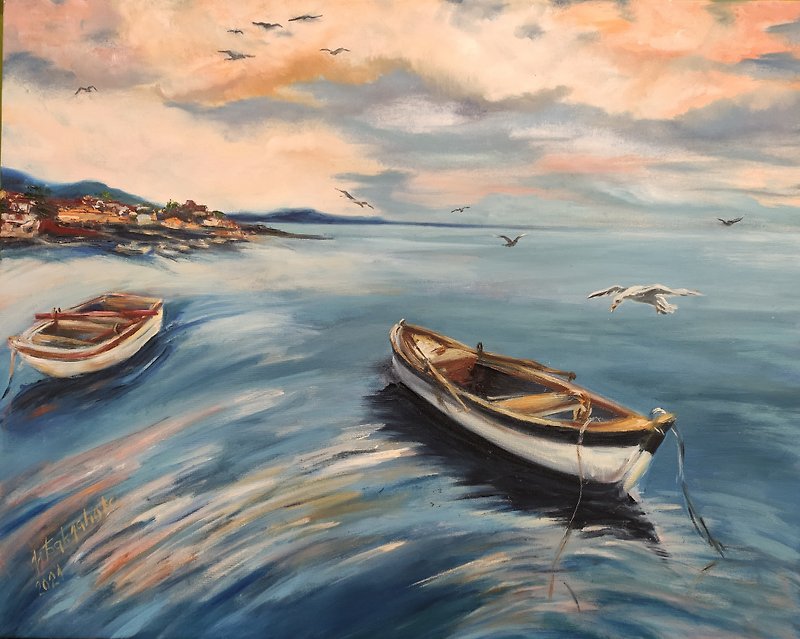 Fishing boats and seagulls Scenery Original painting Contemporary Seascape Art - Wall Décor - Other Materials Blue