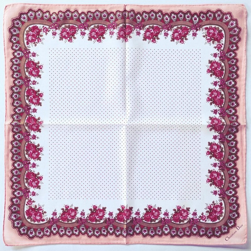 Christian Dior Vintage Floral Handkerchief — Pink Border Design 19 x 19 inches - 手帕 - 棉．麻 粉紅色