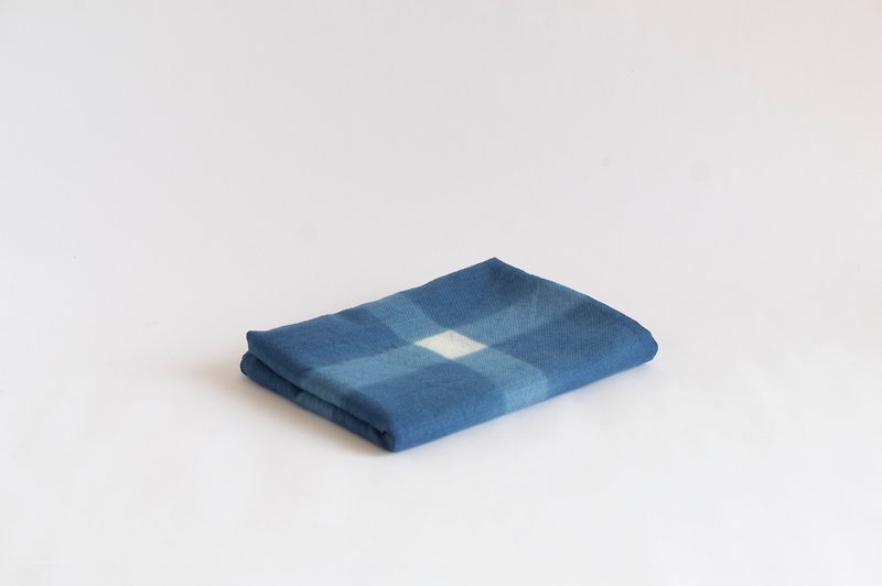 藍染_羊毛格紋圍巾 - 圍巾/披肩 - 羊毛 藍色