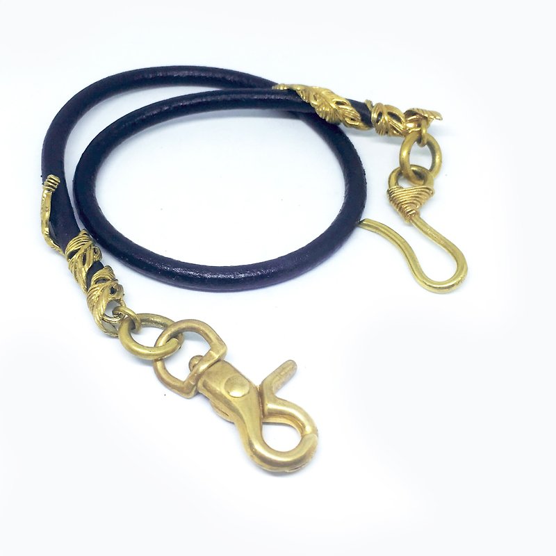 Feather line Black  leather Wallet Chain ,Solid Raw Brass ,Biker jewelry - ที่ห้อยกุญแจ - โลหะ สีทอง