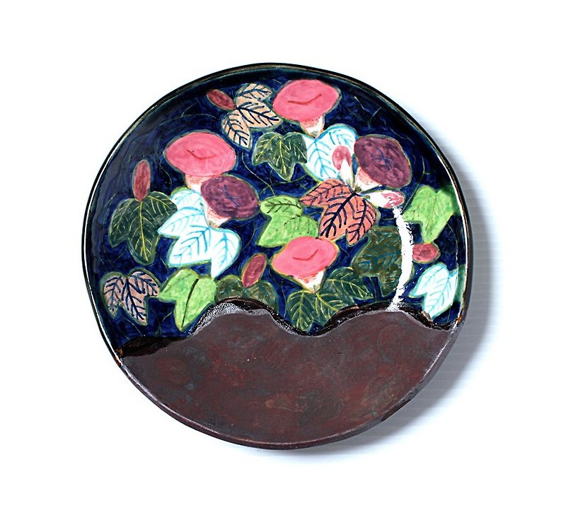 Overglaze dish of Bizen mud and morning glory - Pottery & Ceramics - Silicone Multicolor