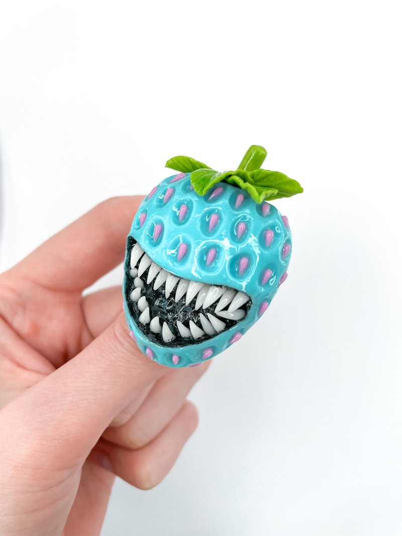 Funny & cute monstrous blue strawberry brooch. - Brooches - Clay 