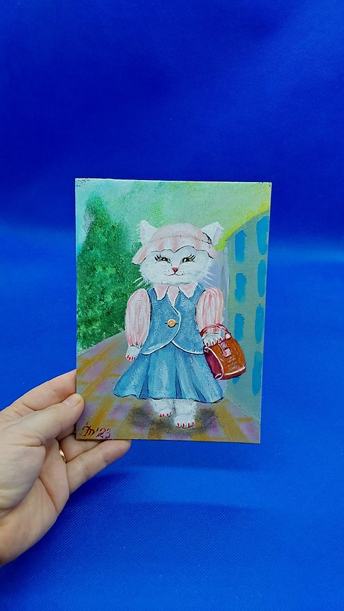 CosinessArt Funny Cat #5 Pet Painting Small Picture Funny Animals Original Wall Painting