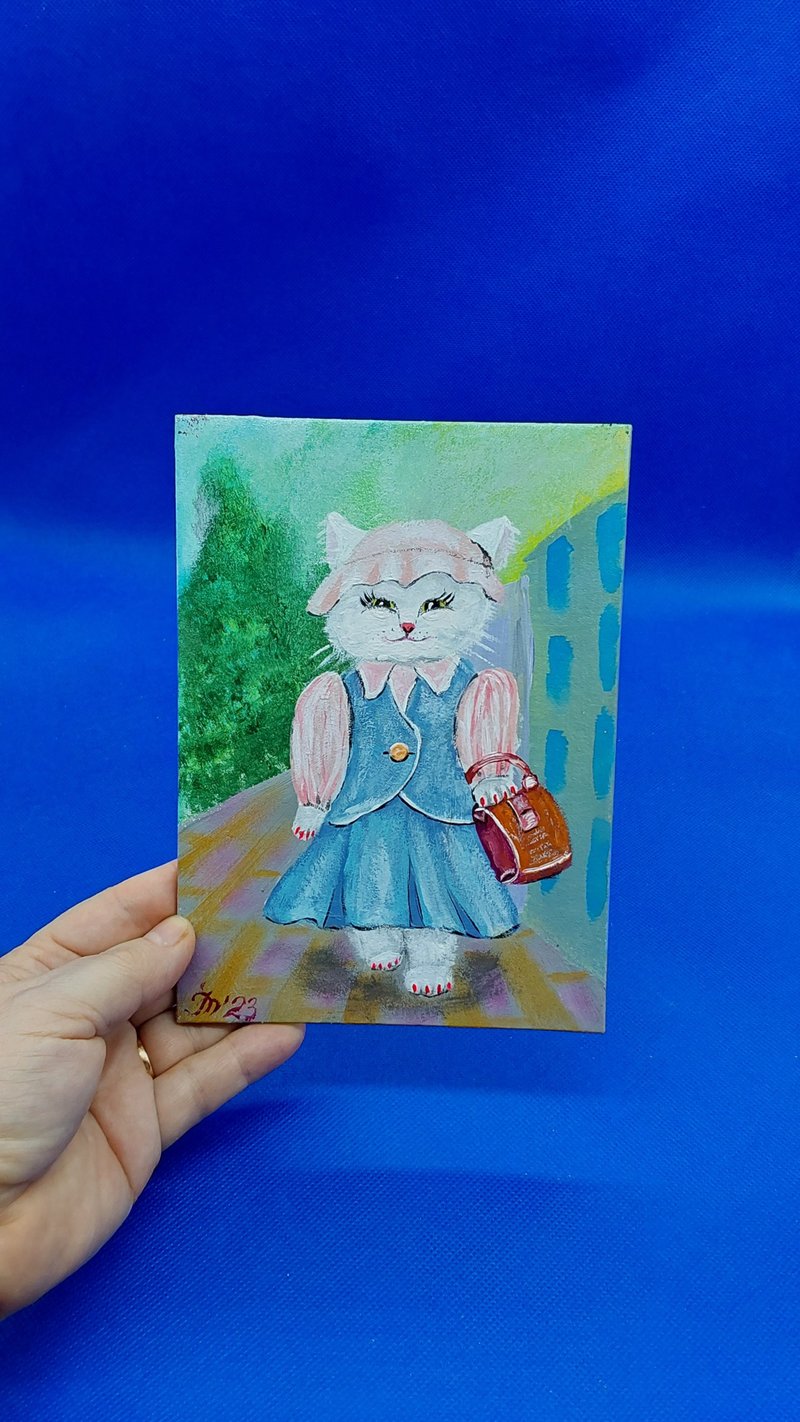 Funny Cat 5 Pet Painting Small Picture Funny Animals Original Wall 