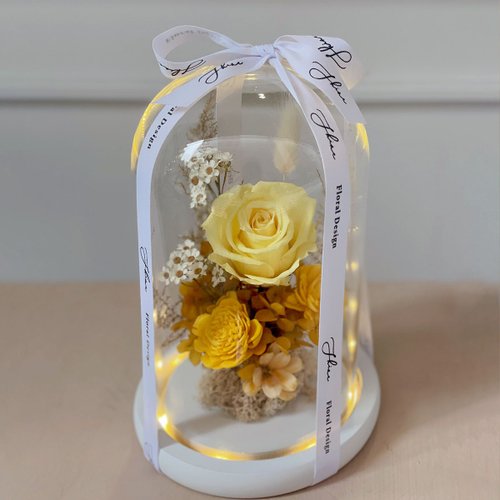 日光花藝Shine Floral Design 暖黃系 永生玫瑰玻璃鐘罩(此款有燈光特效)-大