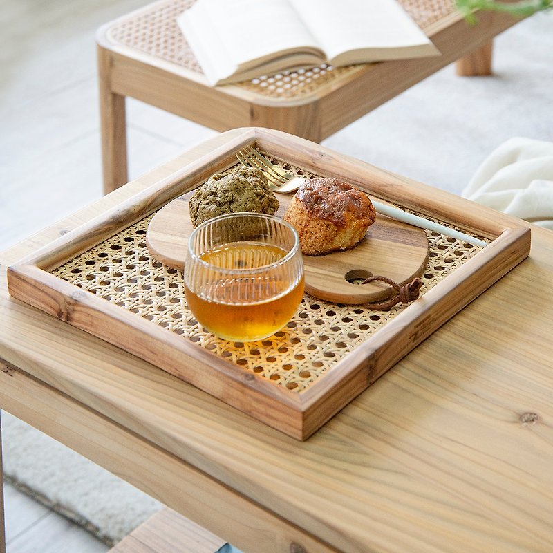 Tomood/ handmade solid wood square rattan shallow tray storage tray between soil and wood - Serving Trays & Cutting Boards - Wood Orange