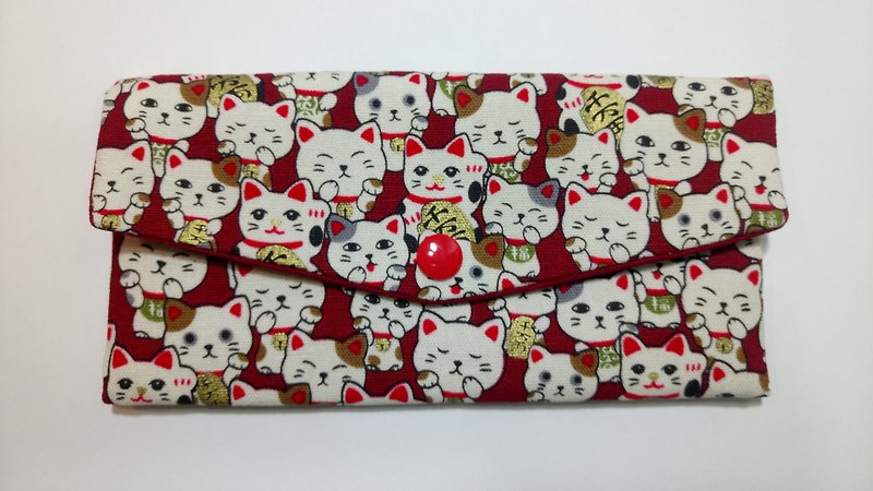 Lucky double red envelope bag / passbook storage bag (22 Lucky cat collection - red background) - กระเป๋าสตางค์ - ผ้าฝ้าย/ผ้าลินิน สีแดง