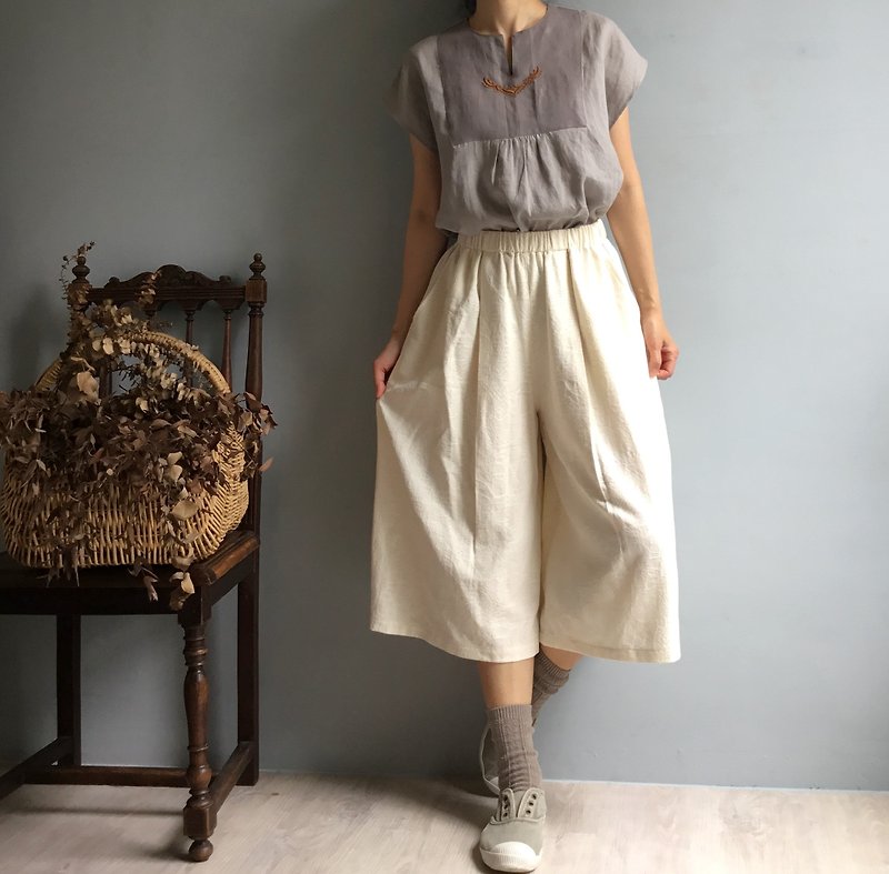 Little White Rabbit/off-white classic jacquard pressed cocoon-shaped trousers/mid-length wide culottes 100% cotton - Women's Shorts - Cotton & Hemp 