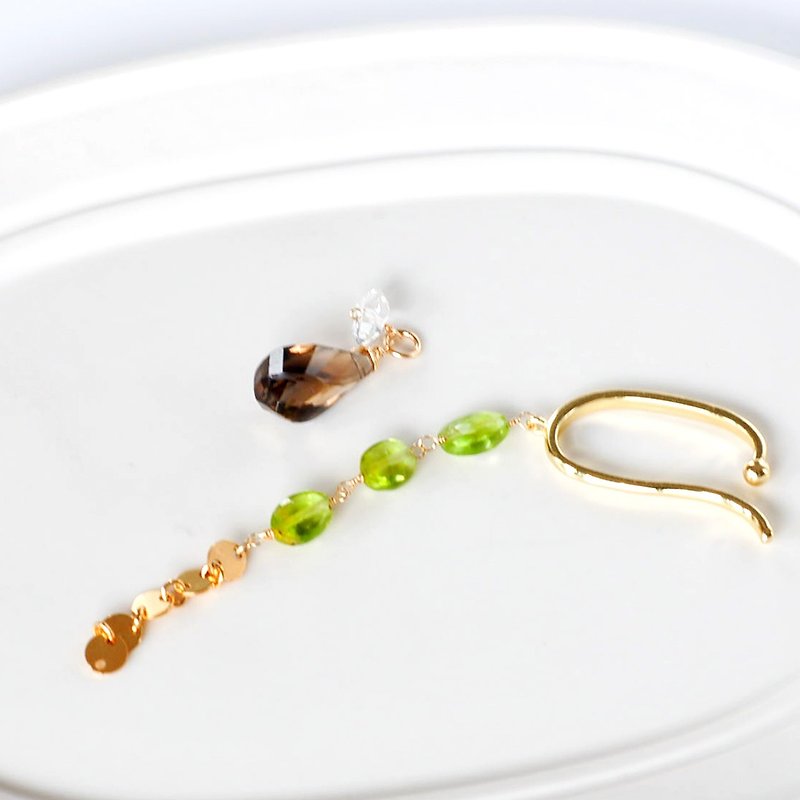 14kgf/Natural stone ear cuff/Peridot x Smoky quartz 2WAY - Earrings & Clip-ons - Gemstone Green