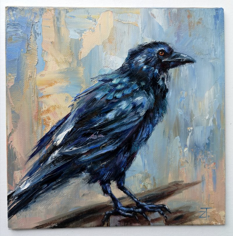 Crow Oil Painting Original Wall Art on canvas panel 20x20 cm - 海報/掛畫/掛布 - 其他材質 