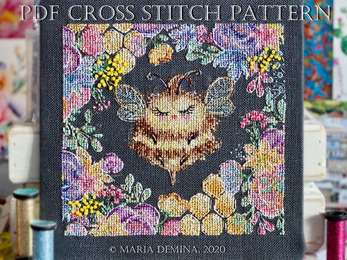 LittleRoomInTheAttic Sweet Honey Bee PDF cross stitch pattern